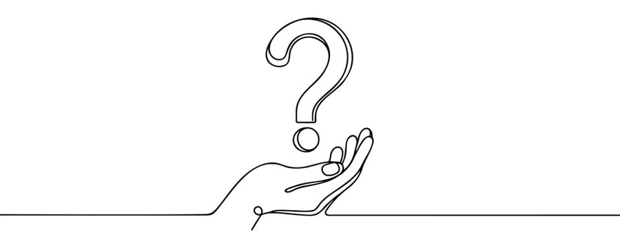 Hand holds question mark one line art, hand drawn asking sign, idea continuous contour. Query FAQ concept, finding answer. Editable stroke. Isolated. Vector illustration