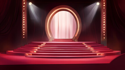 Glamorous red carpet stage adorned with maroon steps and a spotlight backdrop celebrating the golden regal awards with a touch of bollywood elegance. Regal. Illustration