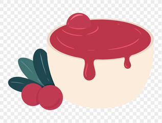 Homemade cranberry sauce in bowl with fresh cranberries and leaves on transparent background. Perfect for Thanksgiving and holiday dishes. vector