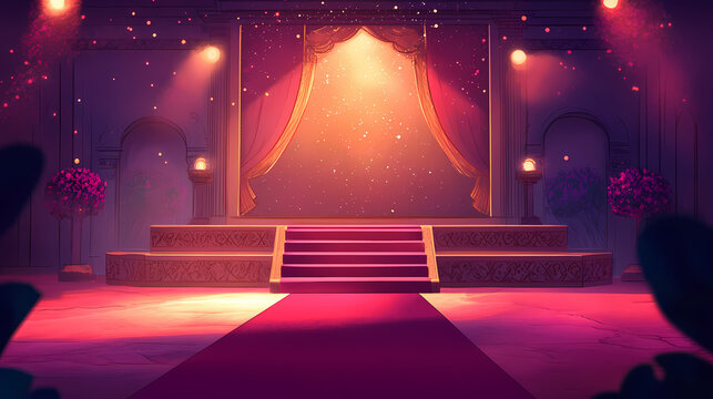 Glamorous red carpet stage adorned with maroon steps and a spotlight backdrop celebrating the golden regal awards with a touch of bollywood elegance. Regal. Illustration