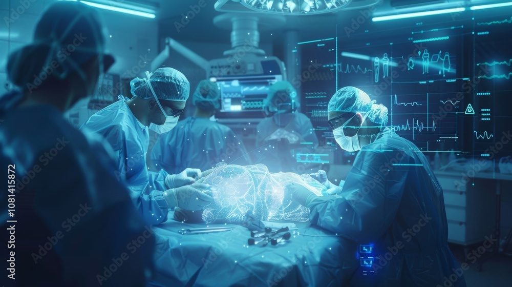 Poster a surgical team connected through highspeed internet and advanced equipment performs a procedure on 