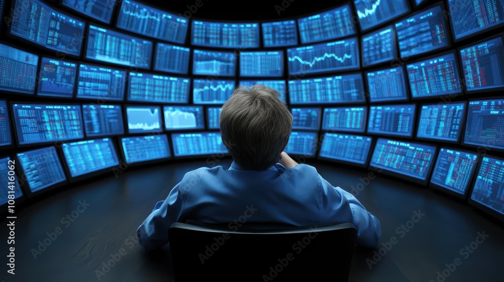 Poster man immersed in digital world, captivating scene of connectivity and technological power with multip