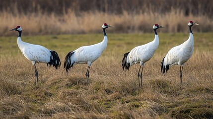Naklejka premium A serene and majestic scene featuring only cranes in their natural habitat. The graceful birds stand tall and elegant, with their long necks and slender bodies, surrounded by a peaceful environment. 