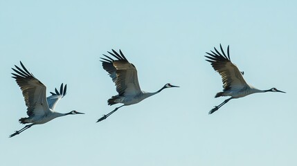 Obraz premium A serene and majestic scene featuring only cranes in their natural habitat. The graceful birds stand tall and elegant, with their long necks and slender bodies, surrounded by a peaceful environment. 