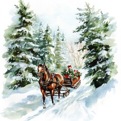 Winter scene with horse drawn sleigh carrying flowers through snowy trees, evoking festive and serene atmosphere. Perfect for holiday themes
