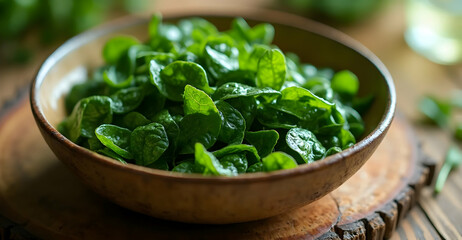 Fresh green spinach salad preparation kitchen food photography rustic close-up healthy eating - Powered by Adobe