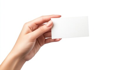 A hand holding a blank card against a white background.