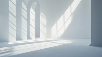 Obraz premium A minimalist interior space with arched windows casting light and shadows.