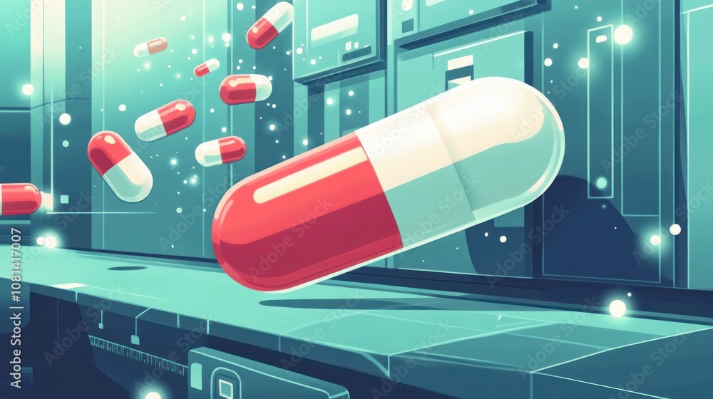 Poster a large red and white pill in the foreground with other pills floating in the air. the background is