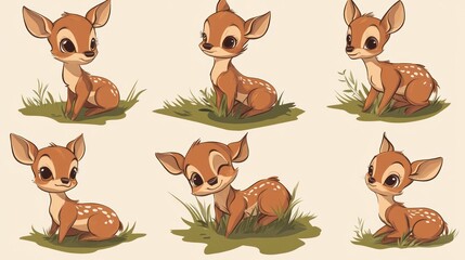 Fototapeta premium A cute, stylized illustration of a young deer in various poses on grass.