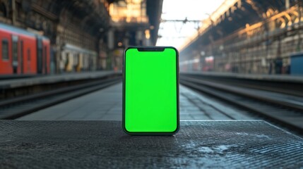 A smartphone with a green screen placed on a platform in a train station.