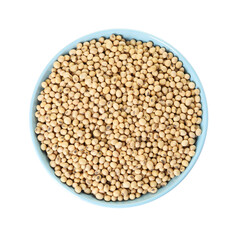 Soy beans in bowl isolated on white, top view