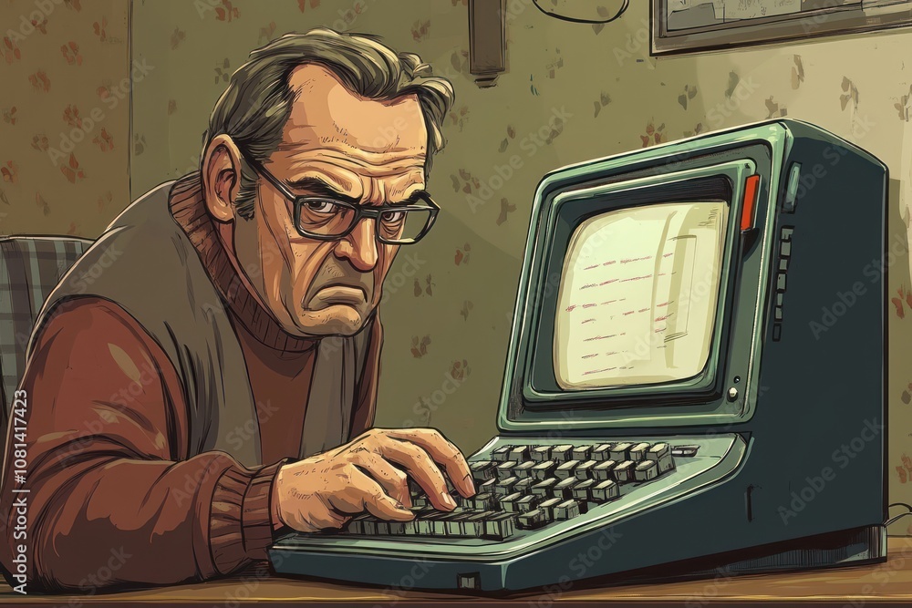 Poster an older man sits at a computer with a serious expression on his face.