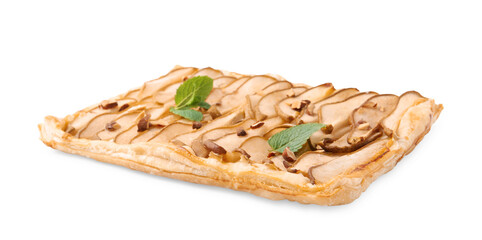 Delicious puff pastry tart with pears, almond and mint isolated on white