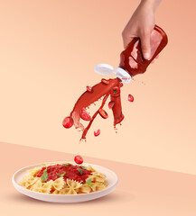 Ketchup bursting out of bottle, creative collage. Woman adding sauce to pasta on peach color background. Stylish poster