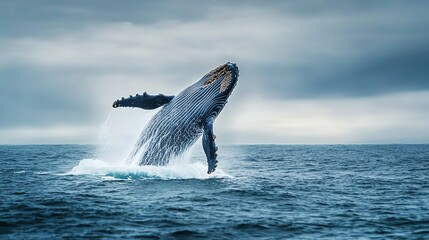 Fototapeta premium A humpback whale breaches out of the water.
