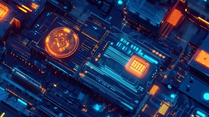 Obraz premium Bit coin combine with high technology illustration