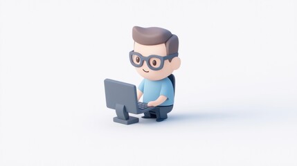 A 3D cartoon character sitting at a desk using a laptop, showcasing a casual and focused demeanor.