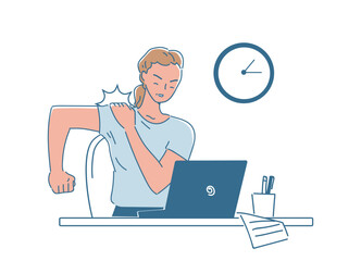 Woman with shoulder pain. Young girl at workplace holds her shoulder. Worker in pain. Poor posture and unhealthy lifestyle. Muscle cramp. Linear vector illustration isolated on white background