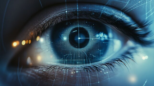 Medium close-up of an eye with futuristic element in pupil
