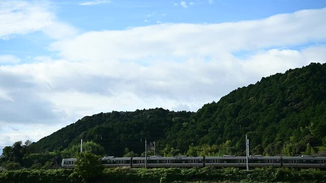 安土城址を通過する223系普通列車 （東海道本線 安土 - 能登川, 2024年10月）