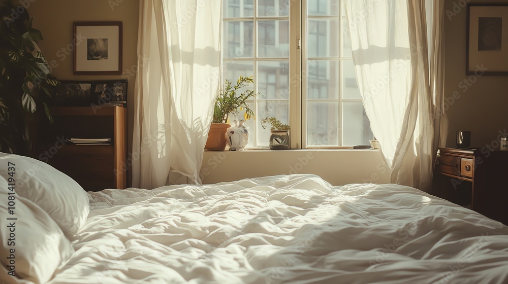 Poster a bed with white linens and pillows, set against a window with white curtains. sunlight streams in, 
