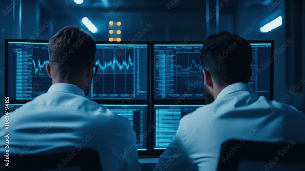 Poster two professionals in white coats analyze data on multiple screens in a dimly lit environment, focusi