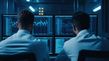 Two professionals in white coats analyze data on multiple screens in a dimly lit environment, focusing on charts and metrics crucial for decision-making.