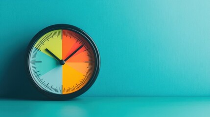 A colorful clock displaying sections in bright yellow, red, and green against a teal background, symbolizing time and productivity.