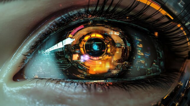 Medium close-up of an eye with futuristic element in pupil
