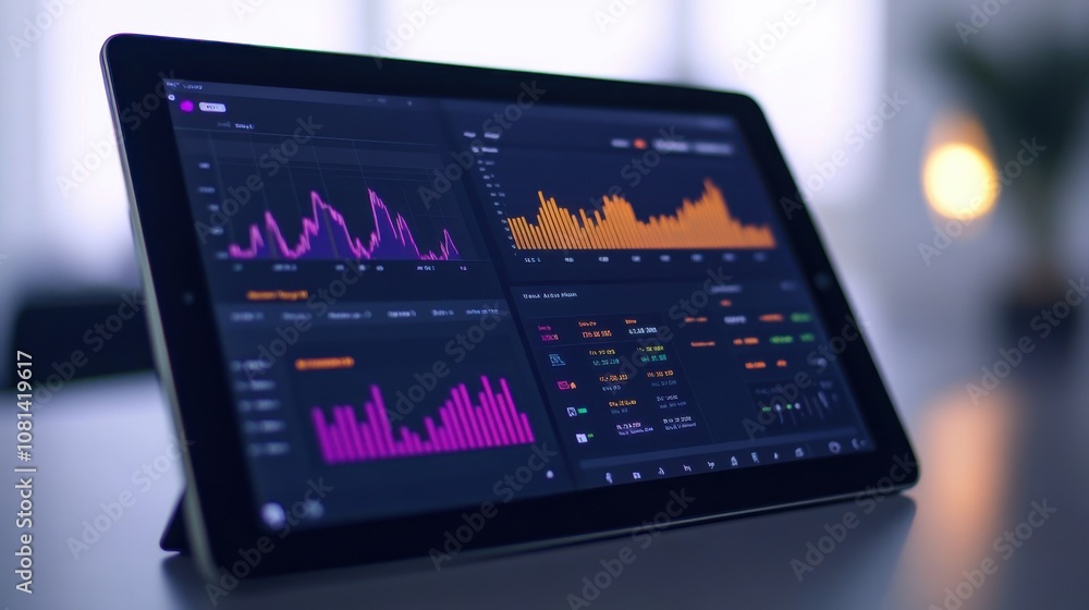 Poster a sleek tablet displaying vibrant financial graphs and metrics, highlighting an analytical overview 