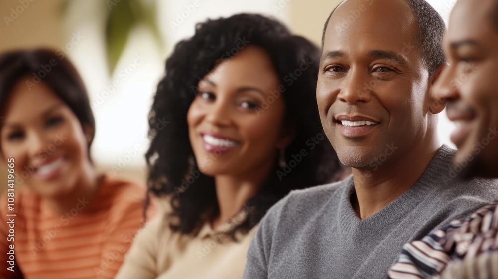Poster a group of smiling adults engaging in conversation, showcasing warmth and connection in a casual set