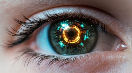 Medium close-up of an eye with futuristic element in pupil