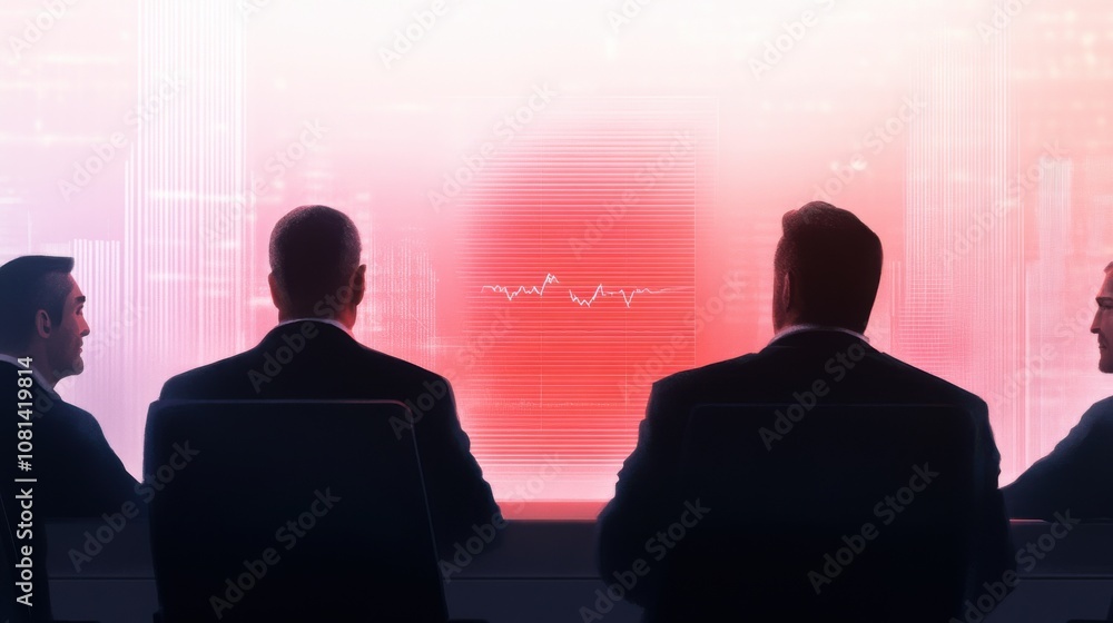 Poster a group of professionals seated in front of a large screen displaying data, suggesting a high-stakes