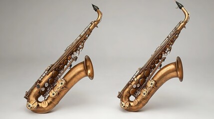 Naklejka premium Two tenor saxophones placed side by side, capturing the elegance and depth of their rich, resonant sound. The instruments gleam under the spotlight, showcasing their polished brass finish 