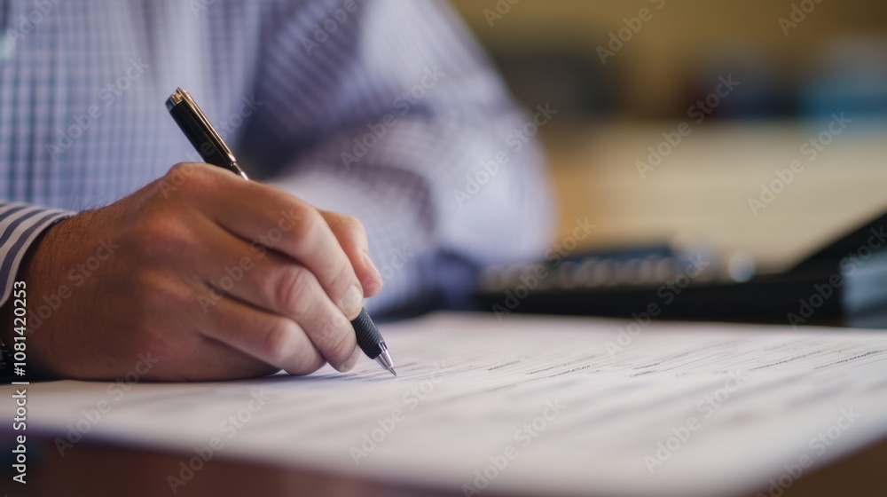 Poster a person writes on a document with a pen, with a calculator visible in the background, suggesting an