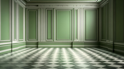 Luxurious empty interior with elegant green walls and intricate wall molding panels, luxury, classic, elegant, green, interior. Regal. Illustration