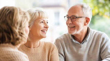 A joyful gathering of three adults, sharing smiles and laughter in a warm, cozy setting.