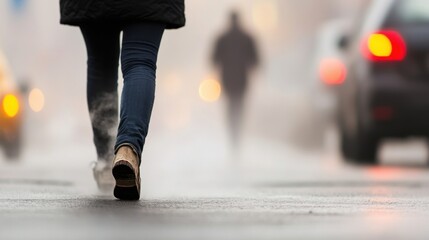 A person walks on a foggy street with blurred figures and vehicles, creating a mysterious urban atmosphere.