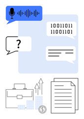 Microphone voice commands, binary code, chat bubbles, briefcase, growth chart, currency symbol, and documents. Ideal for technology, business growth communication data analysis financial planning