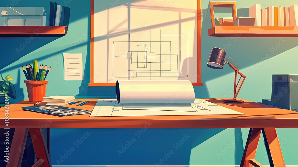Poster architect's workspace with rolled blueprint and desk lamp