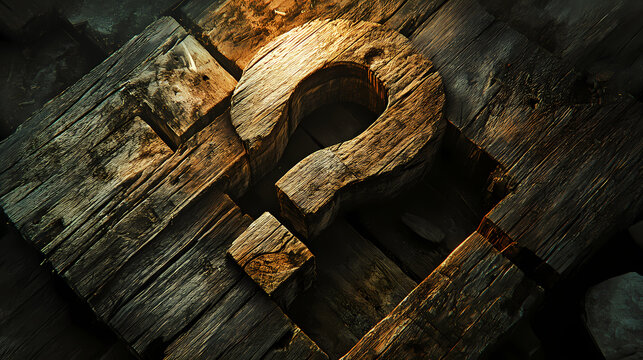 A wooden question mark carved into rustic wooden planks, symbolizing the search for answers and the enigma of life. Enigma. Illustration