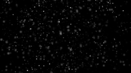 Winter freeze motion of white snow coming down, isolated on black background. Snowfall texture overlays.