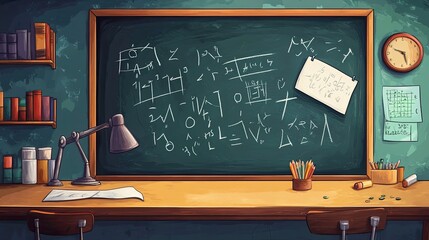 A Classroom Desk with a Chalkboard and Mathematical Equations