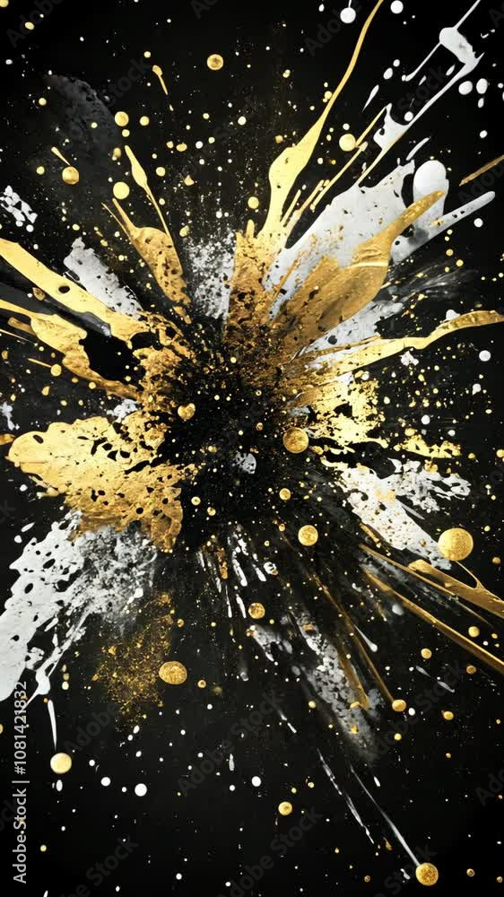 Poster a close-up of a black canvas with gold and white paint splatters, creating a dynamic and abstract de