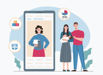 Young parents blog. Man and woman holding child near smartphone screen. Blog in social media about motherhood and fatherhood. Flat vector illustration isolated on white background