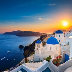 Obraz premium The Iconic Santorini Sunset Over White-Washed Buildings and Blue Domes, Greece, Creating a Picture-Perfect Scene Against the Aegean Sea’s Deep Blue Waters