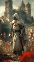 A solemn Templar Knight in white armor adorned with a red cross