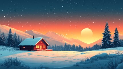 A cozy cabin nestled in a snowy mountain landscape with a bright full moon in the sky.