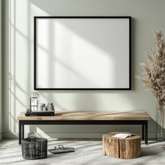 A vertical black wooden frame hangs on a light green wall with rustic charm. A Scandinavian wooden table beneath adds to the cozy, modern atmosphere